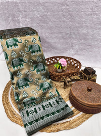 Elegant Beige & Emerald Green Elephant Printed Silk Saree