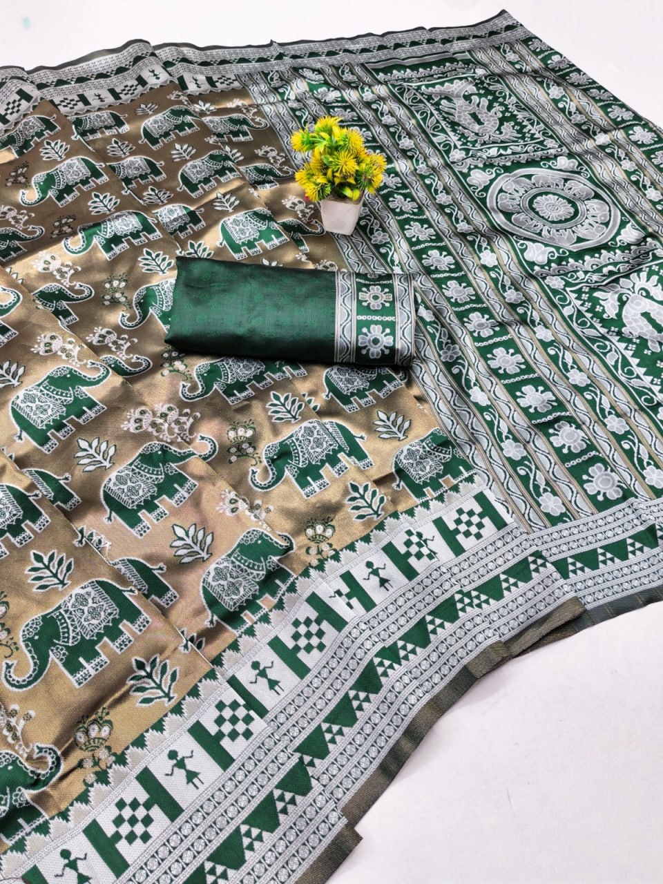 Elegant Beige & Emerald Green Elephant Printed Silk Saree