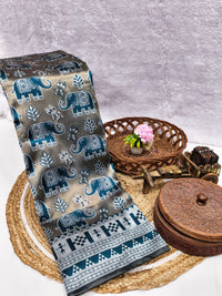 Elegant Grey & Teal Elephant Printed Silk Saree