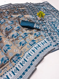 Elegant Grey & Teal Elephant Printed Silk Saree