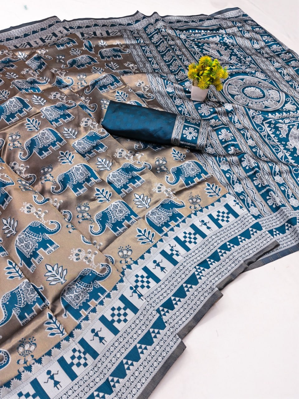 Elegant Grey & Teal Elephant Printed Silk Saree