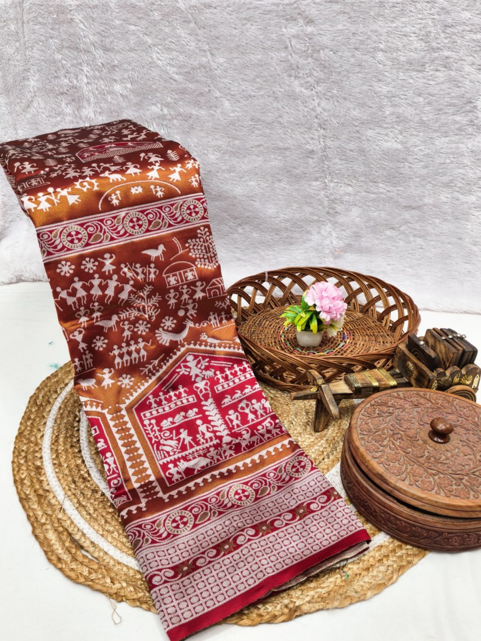 Rustic Maroon Ajrakh Inspired Printed Saree