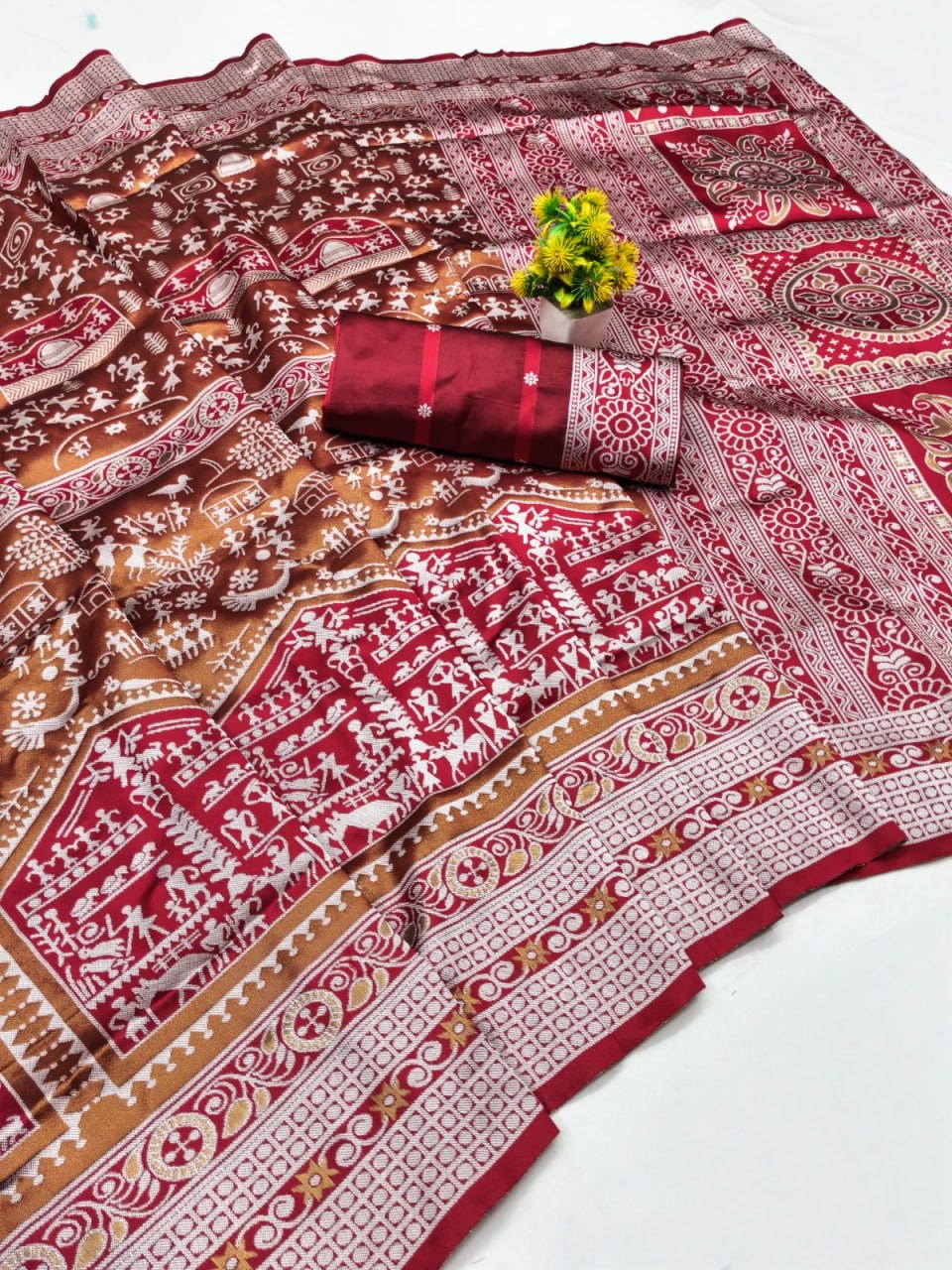 Rustic Maroon Ajrakh Inspired Printed Saree