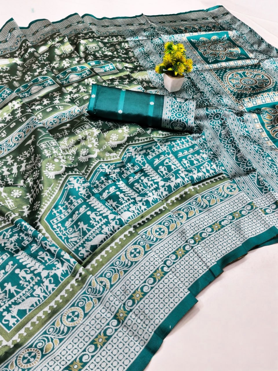 Elegant Emerald Green Tribal Printed Silk Saree with Teal Border