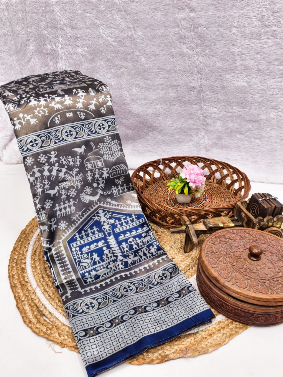 Elegant Charcoal Grey Tribal Printed Silk Saree with Royal Blue Border