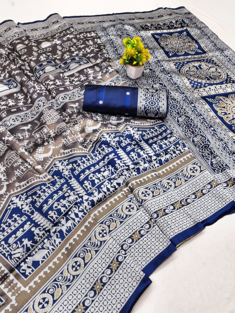 Elegant Charcoal Grey Tribal Printed Silk Saree with Royal Blue Border