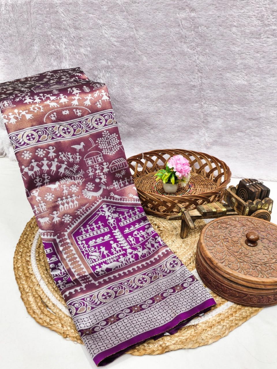 Elegant Wine Purple Tribal Printed Silk Saree with Artistic Border