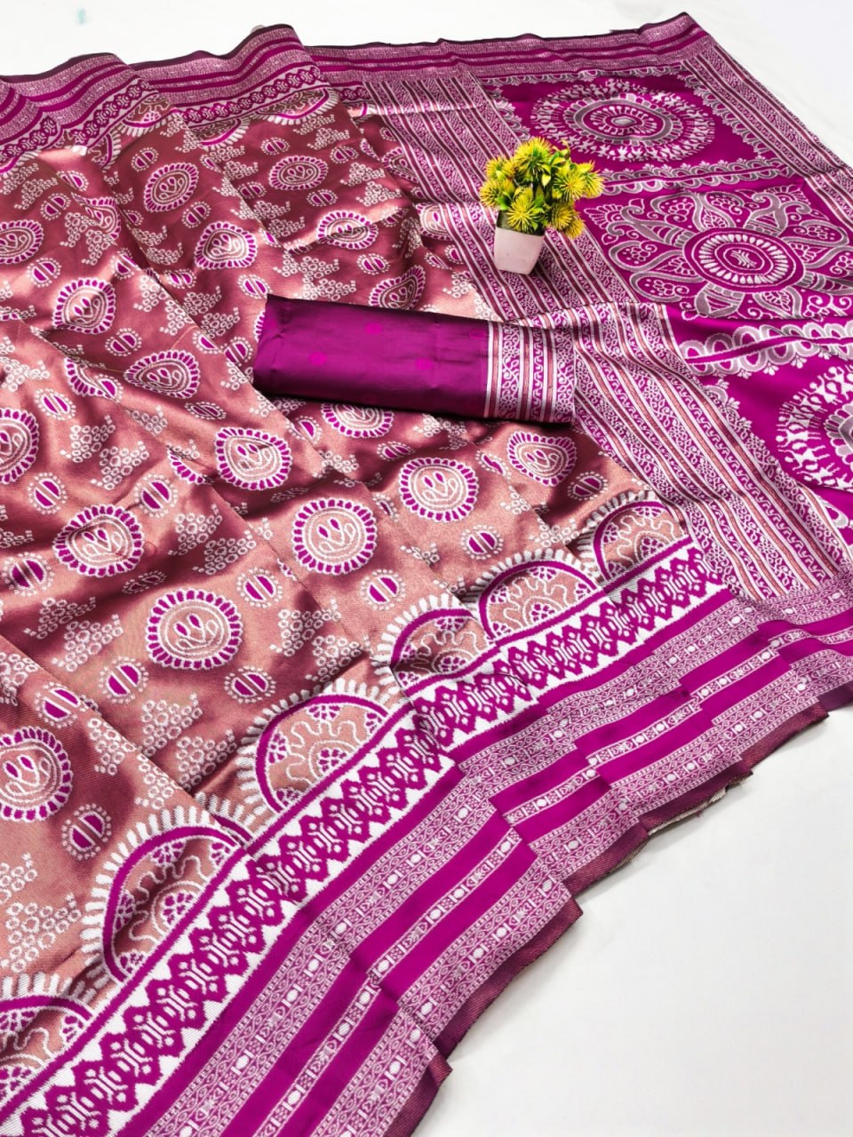 Elegant Wine Pink Printed Silk Saree with Traditional Border
