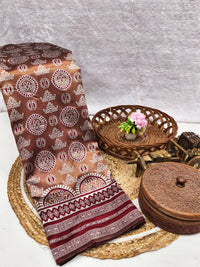 Brown Printed Silk Saree with Wine Red Border