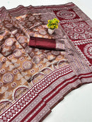 Brown Printed Silk Saree with Wine Red Border