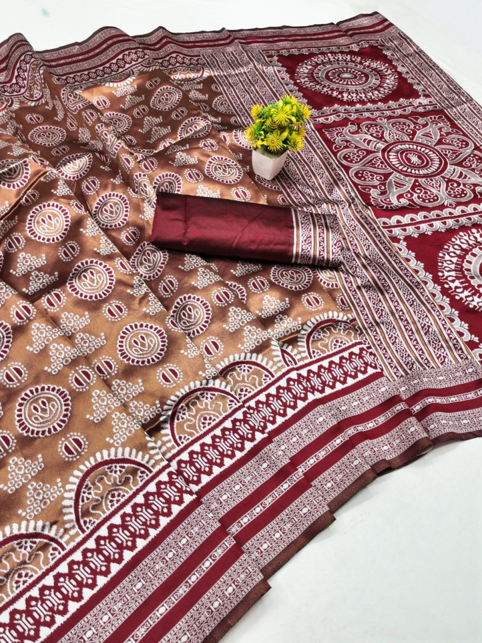 Brown Printed Silk Saree with Wine Red Border