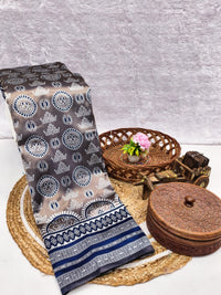 Charcoal Grey Printed Silk Saree with Navy Blue Border