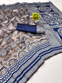 Charcoal Grey Printed Silk Saree with Navy Blue Border