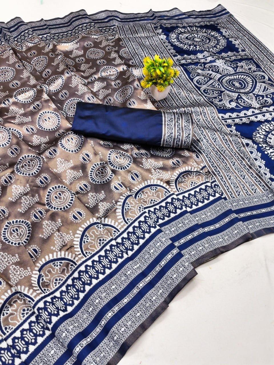 Charcoal Grey Printed Silk Saree with Navy Blue Border