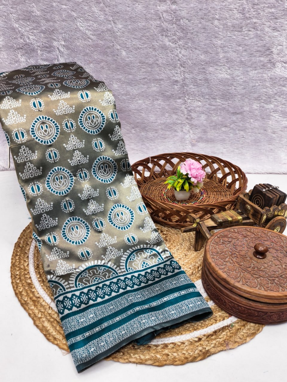 Olive Grey Printed Silk Saree with Teal Blue Border