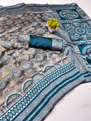 Olive Grey Printed Silk Saree with Teal Blue Border