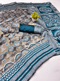 Olive Grey Printed Silk Saree with Teal Blue Border