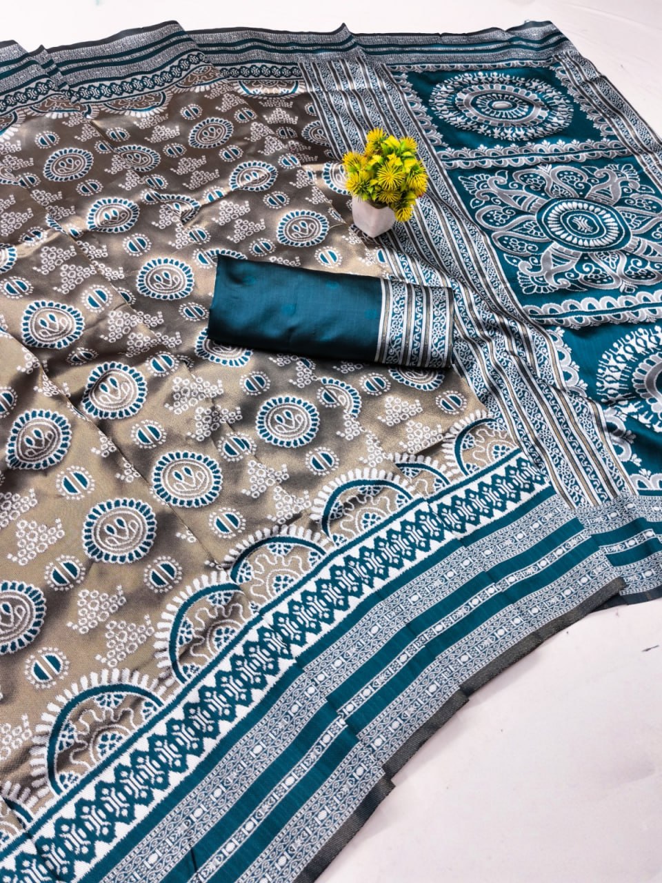 Olive Grey Printed Silk Saree with Teal Blue Border