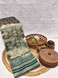 Olive Green Printed Silk Saree with Intricate Green Border