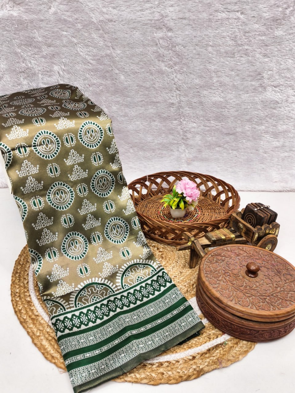 Olive Green Printed Silk Saree with Intricate Green Border