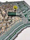 Olive Green Printed Silk Saree with Intricate Green Border