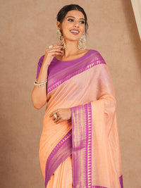 Peach Pink Silk Saree with Purple Zari Border