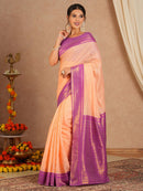 Peach Pink Silk Saree with Purple Zari Border