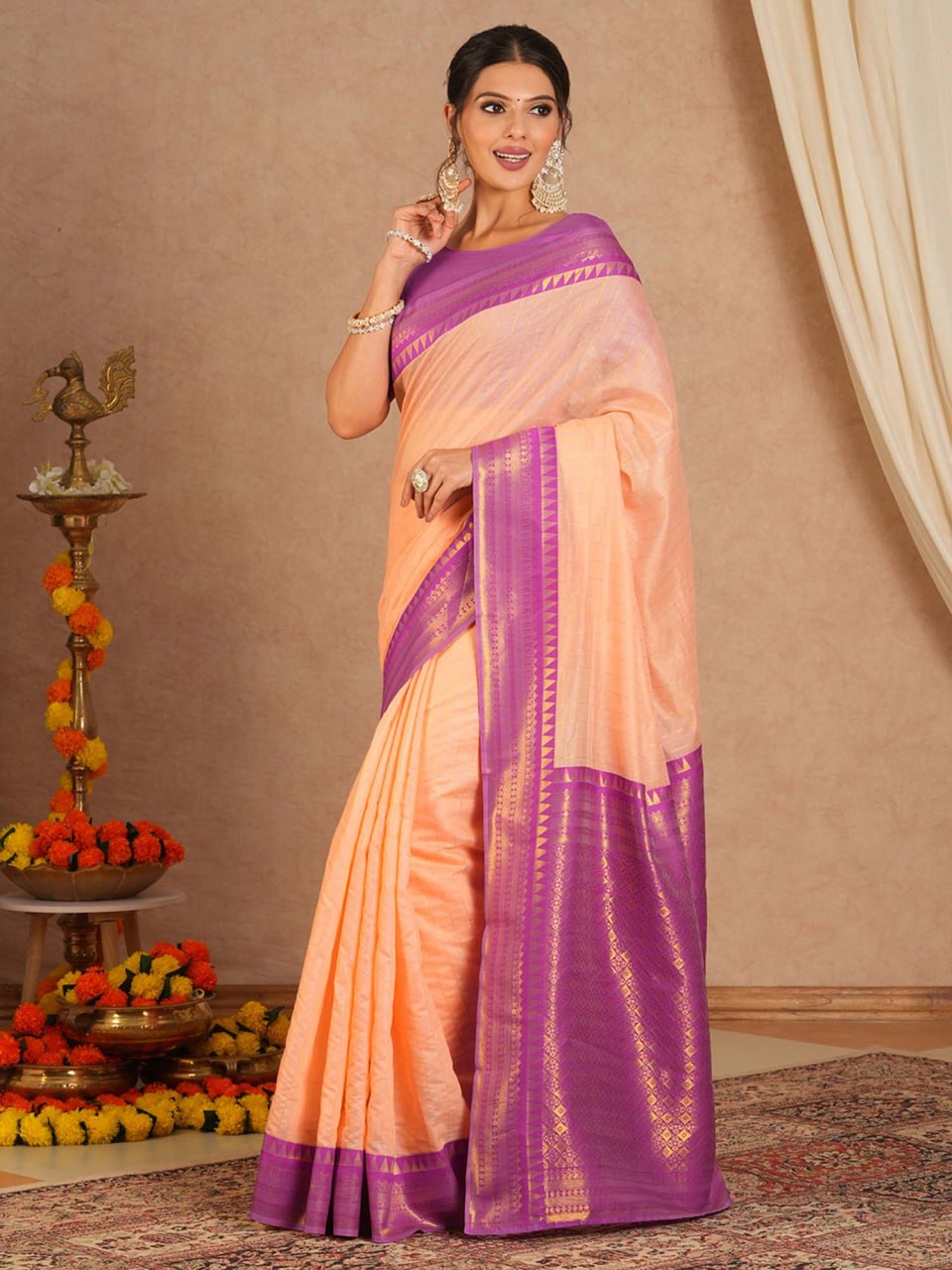 Peach Pink Silk Saree with Purple Zari Border