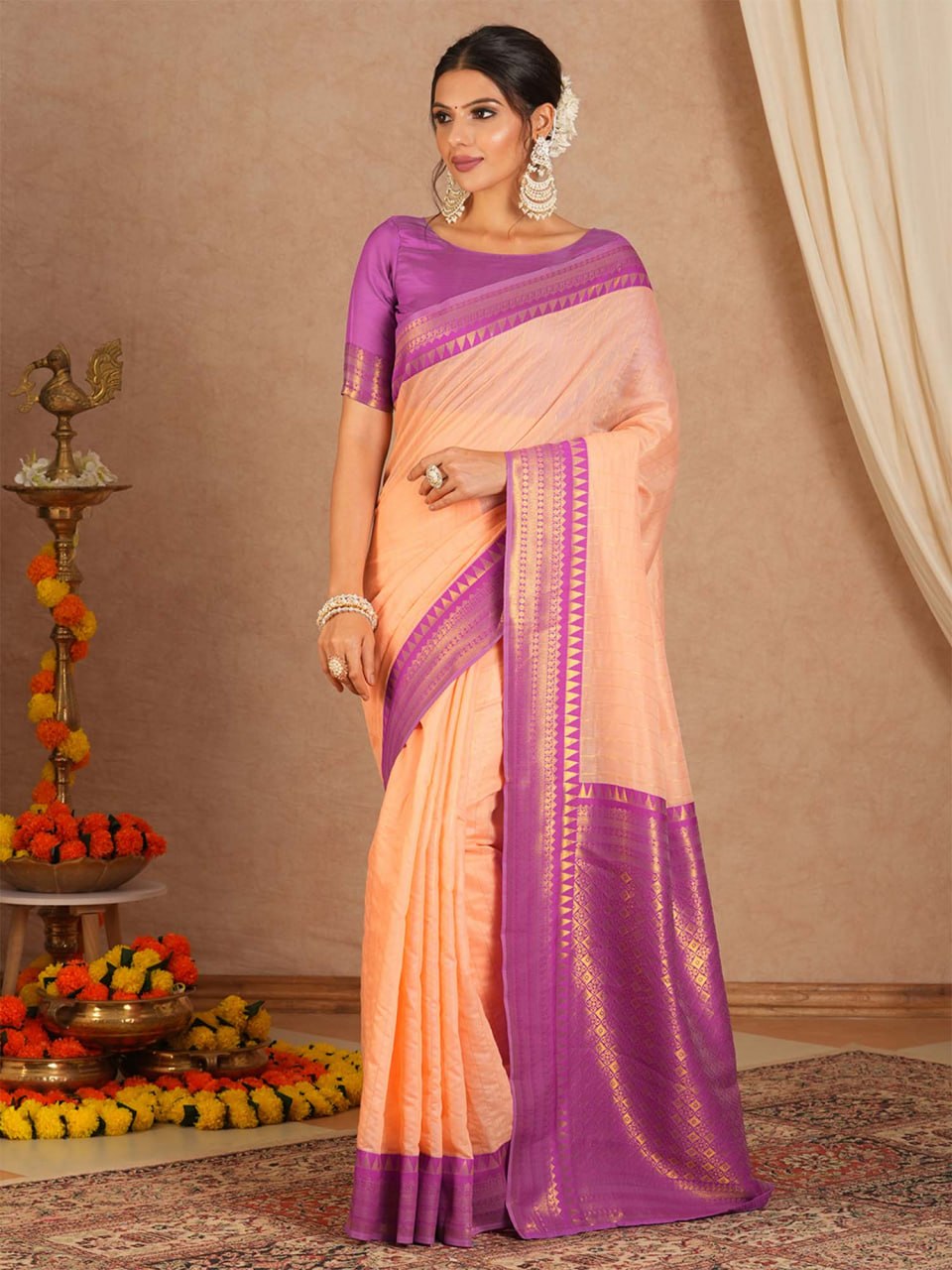 Peach Pink Silk Saree with Purple Zari Border