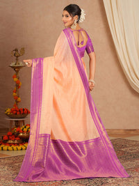 Peach Pink Silk Saree with Purple Zari Border
