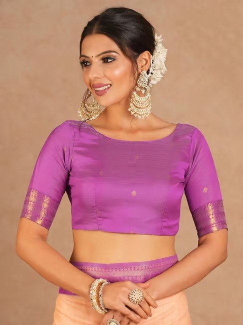 Peach Pink Silk Saree with Purple Zari Border