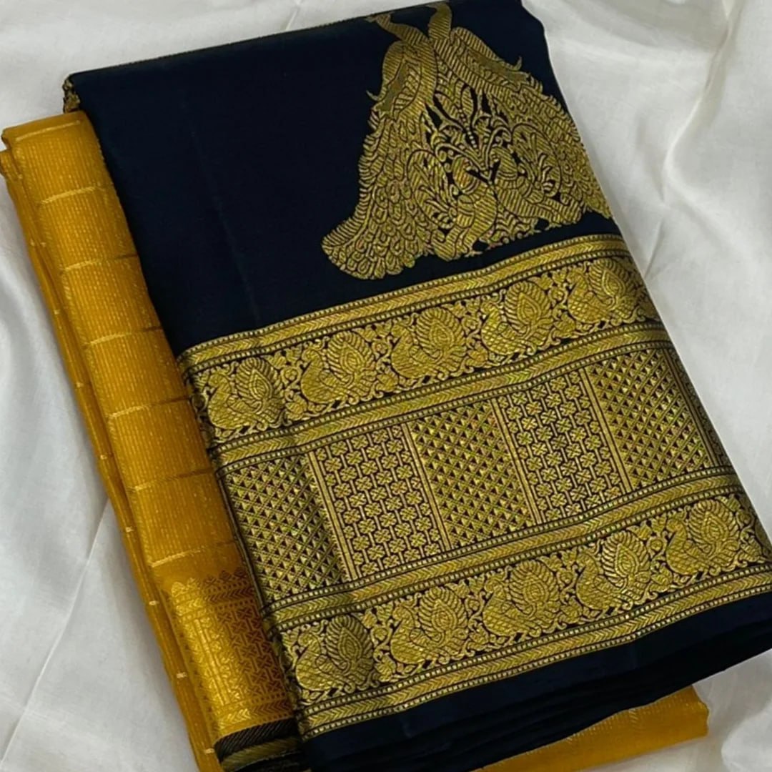 Mustard Yellow Silk Saree with Navy Blue Peacock Zari Pallu