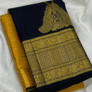Mustard Yellow Silk Saree with Navy Blue Peacock Zari Pallu