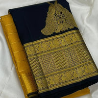 Mustard Yellow Silk Saree with Navy Blue Peacock Zari Pallu