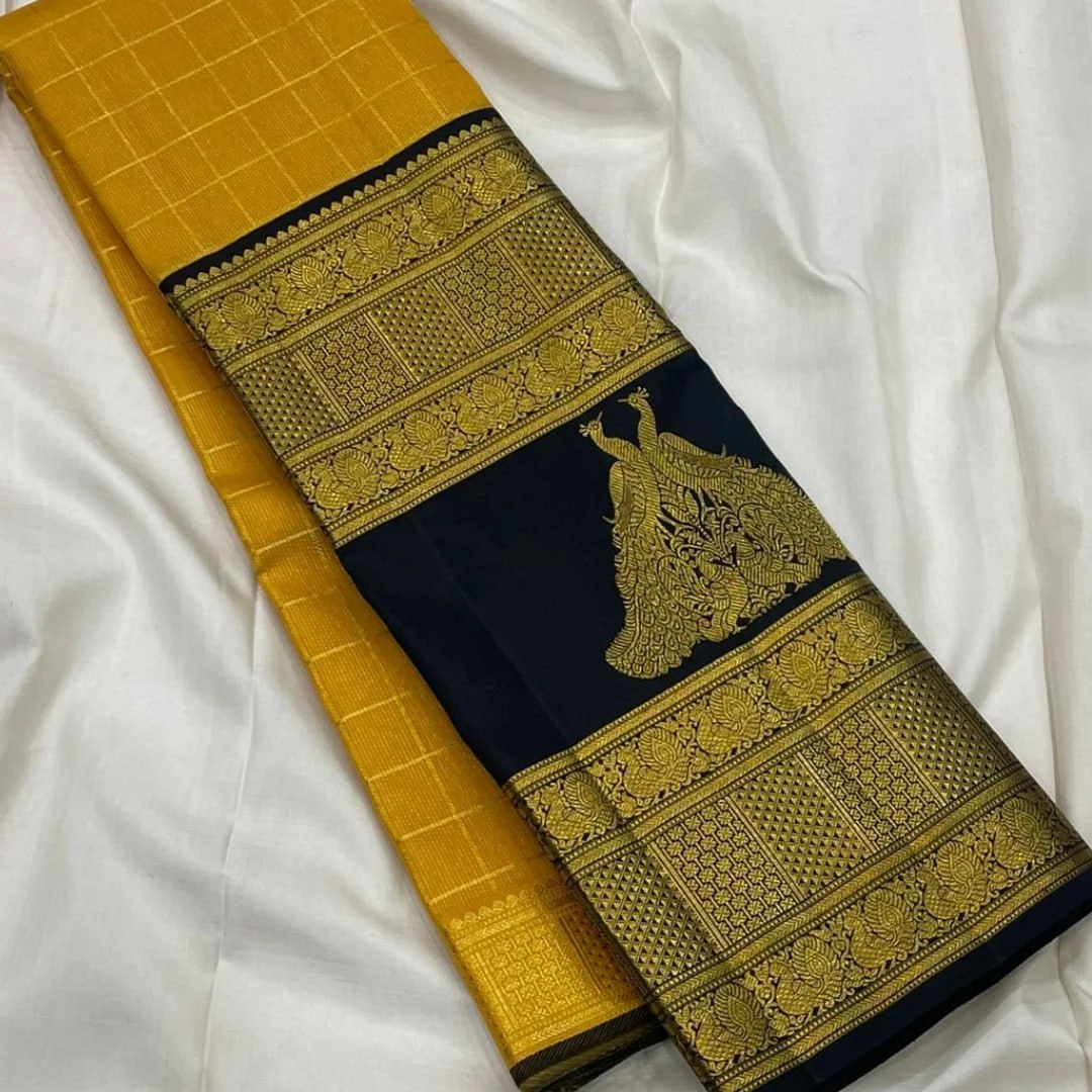 Mustard Yellow Silk Saree with Navy Blue Peacock Zari Pallu