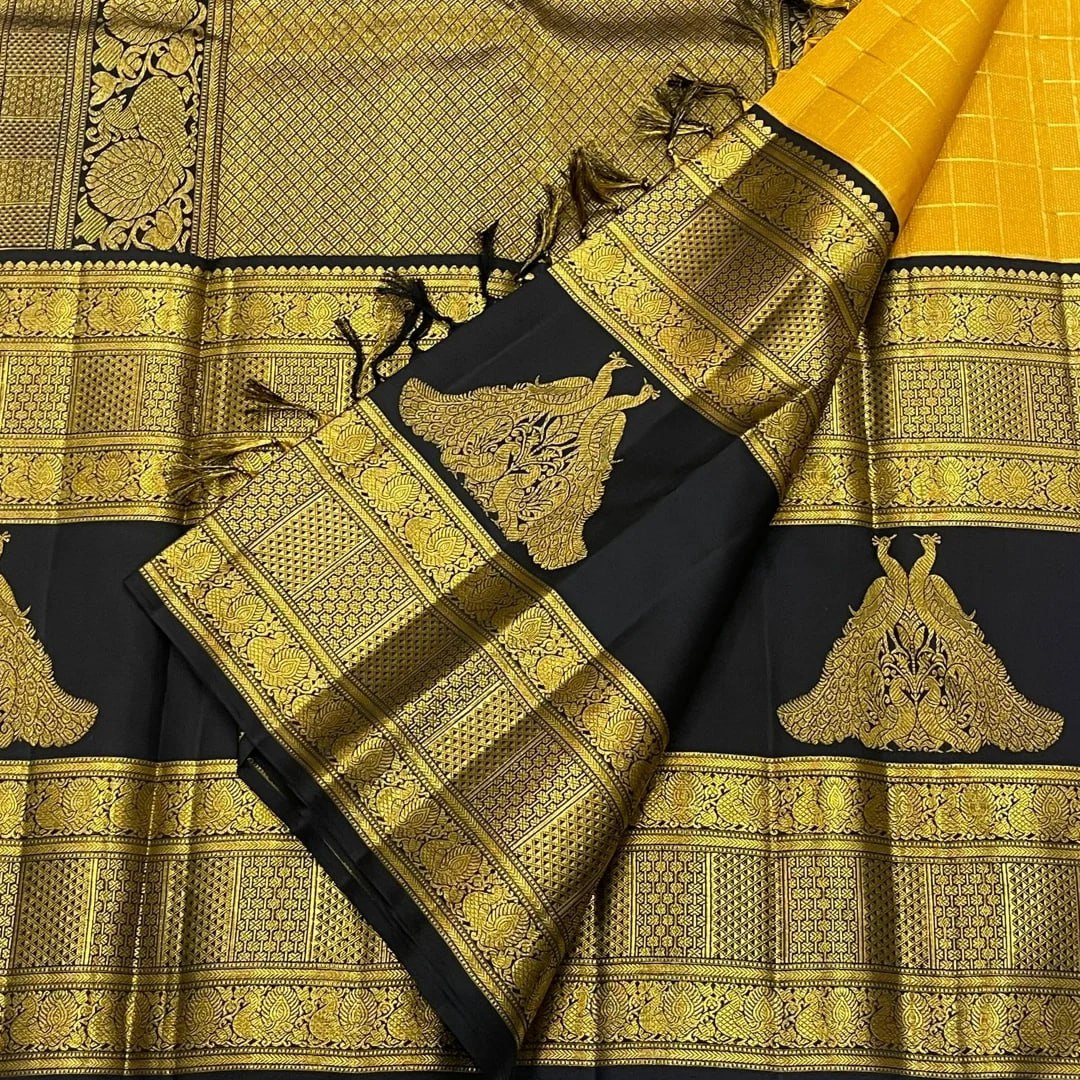 Mustard Yellow Silk Saree with Navy Blue Peacock Zari Pallu
