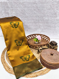 Mustard Gold Silk Saree with Green Butterfly Motifs & Border