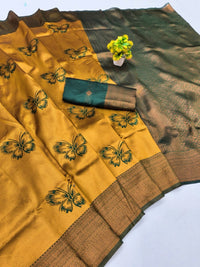Mustard Gold Silk Saree with Green Butterfly Motifs & Border