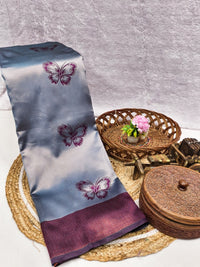 Powder Blue Silk Saree with Wine Butterfly Motifs & Border