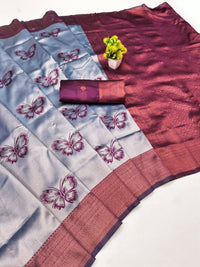 Powder Blue Silk Saree with Wine Butterfly Motifs & Border