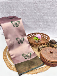 Blush Pink Silk Saree with Green Butterfly Motifs & Zari Border