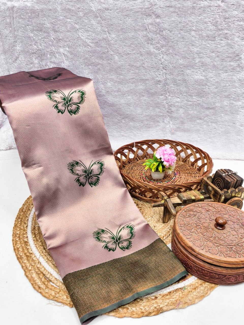Blush Pink Silk Saree with Green Butterfly Motifs & Zari Border