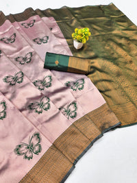 Blush Pink Silk Saree with Green Butterfly Motifs & Zari Border