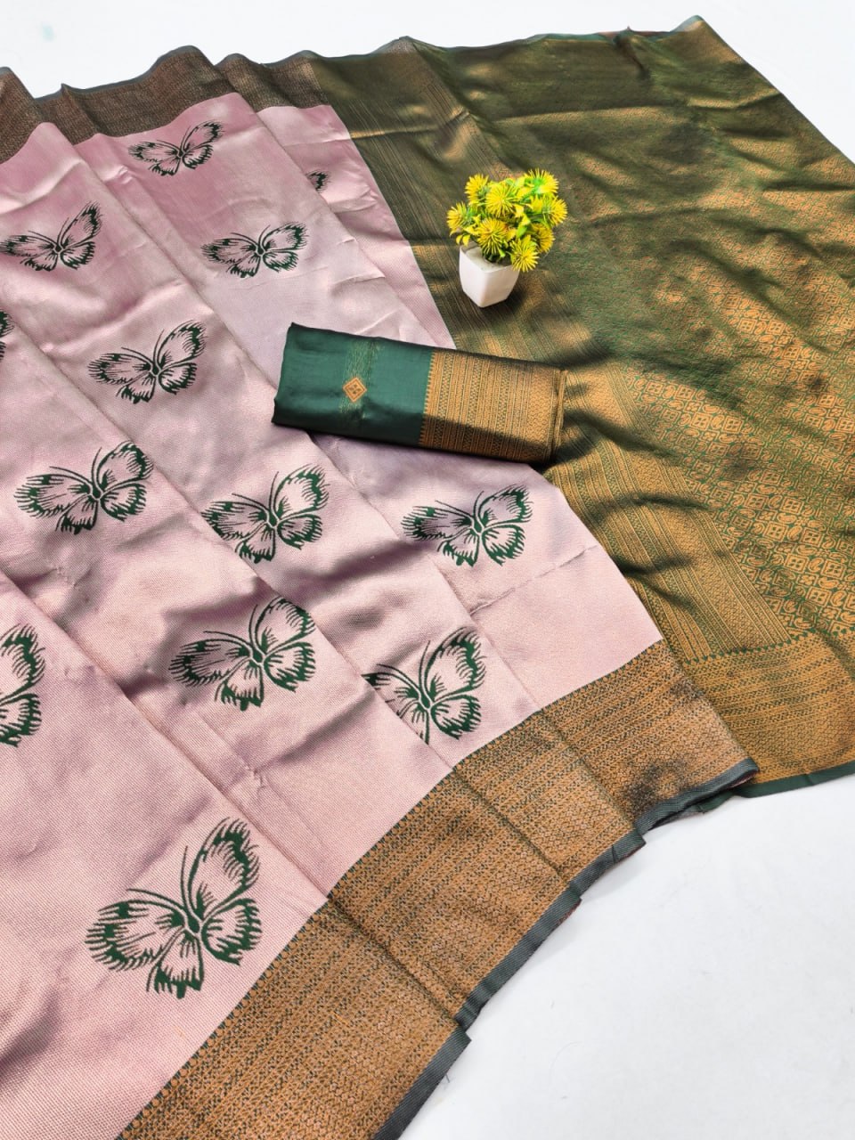 Blush Pink Silk Saree with Green Butterfly Motifs & Zari Border