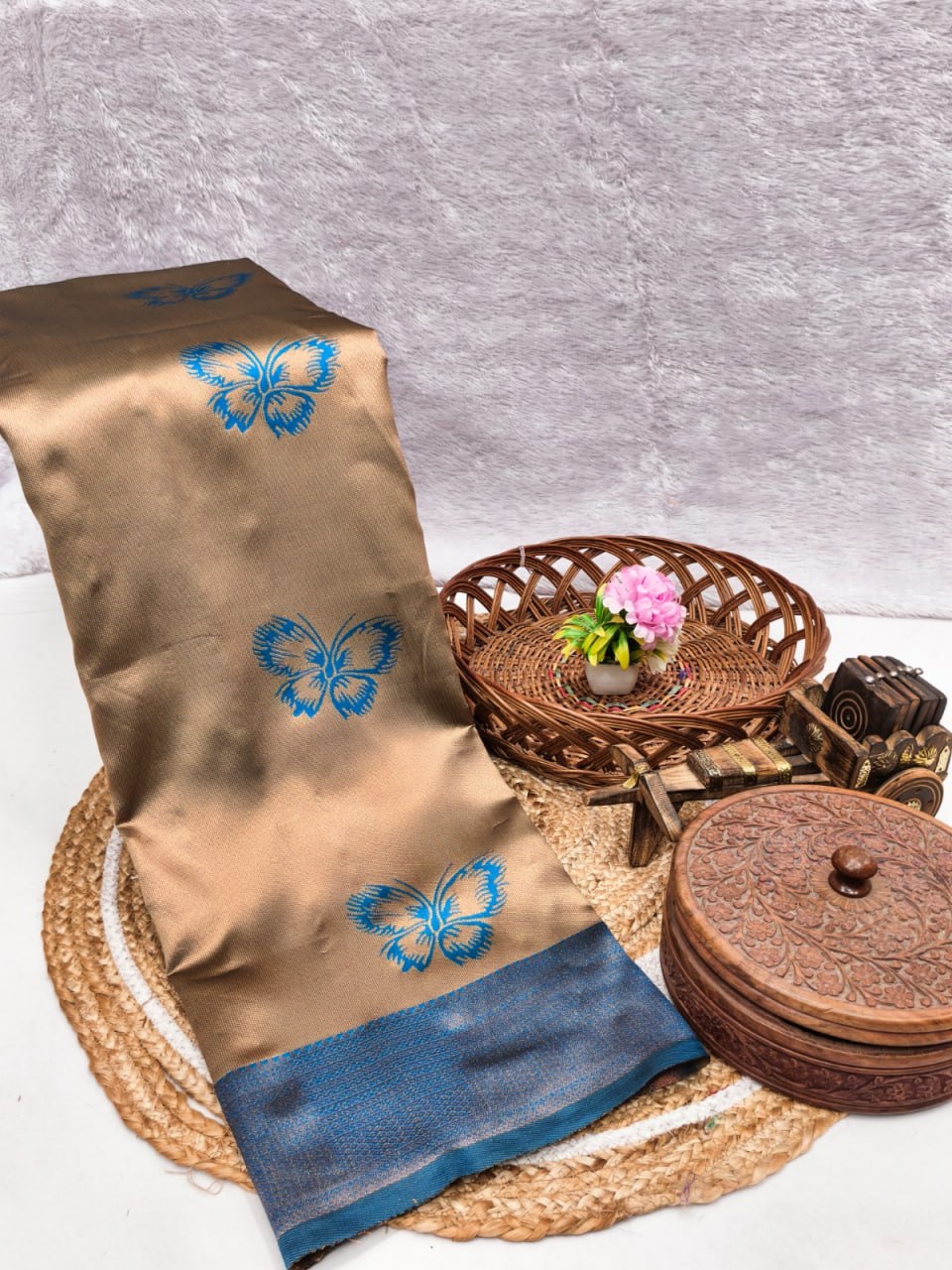 Golden Beige Silk Saree with Blue Butterfly Motifs & Border