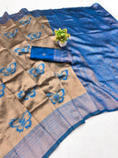 Golden Beige Silk Saree with Blue Butterfly Motifs & Border