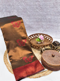 Bronze Brown Silk Saree with Red Butterfly Motifs & Zari Border
