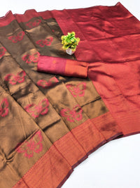 Bronze Brown Silk Saree with Red Butterfly Motifs & Zari Border