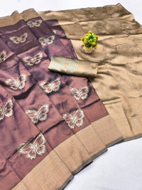 Chocolate Brown Silk Saree with Gold Butterfly Motifs & Border