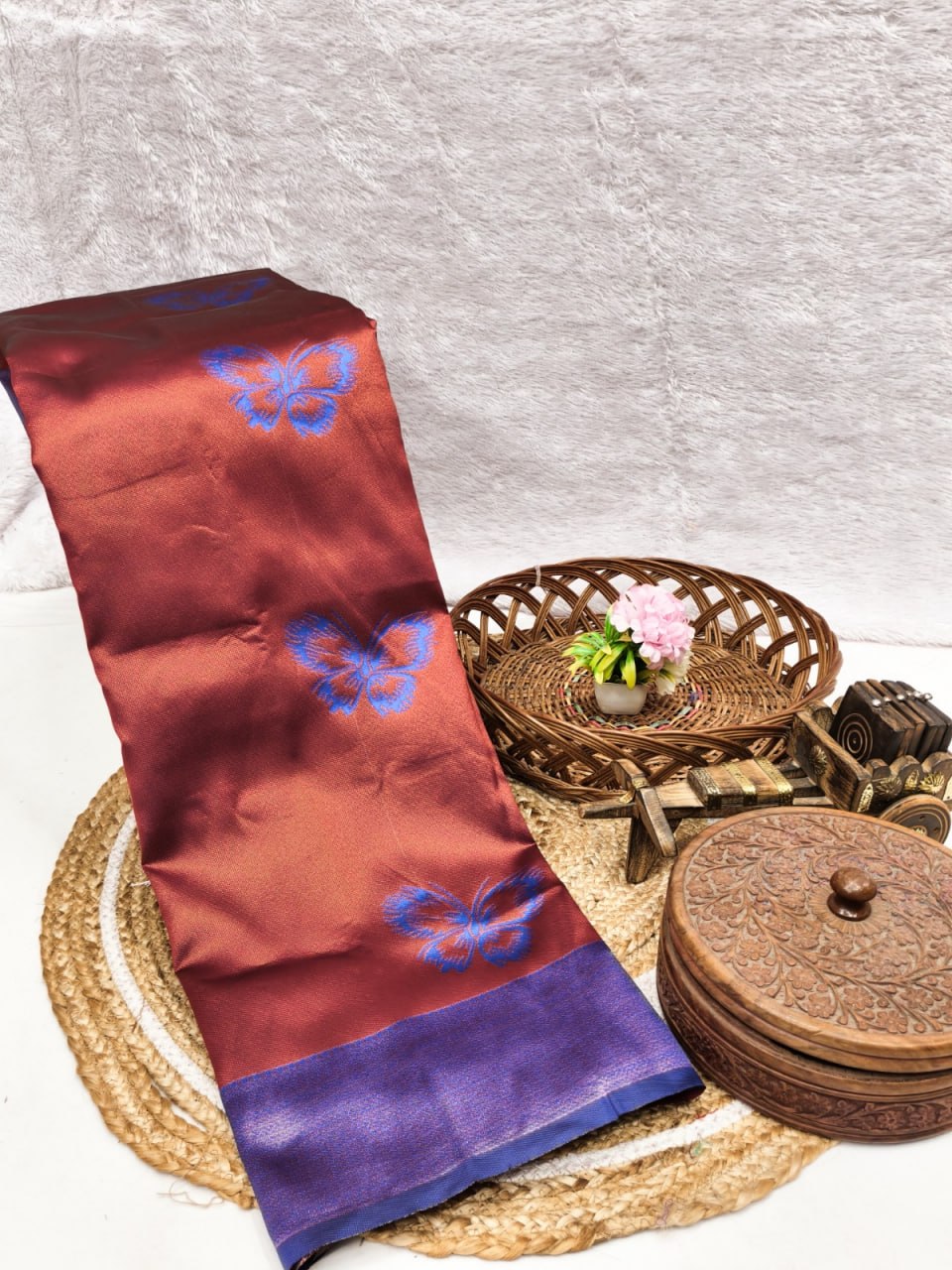 Wine Red Silk Saree with Blue Butterfly Motifs & Border